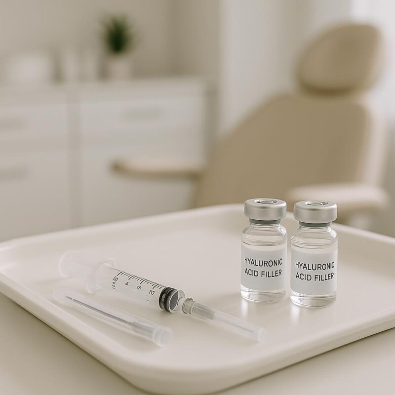 Close-up of lip filler tools and hyaluronic acid filler vials on a clean medical tray in a modern clinic setting.