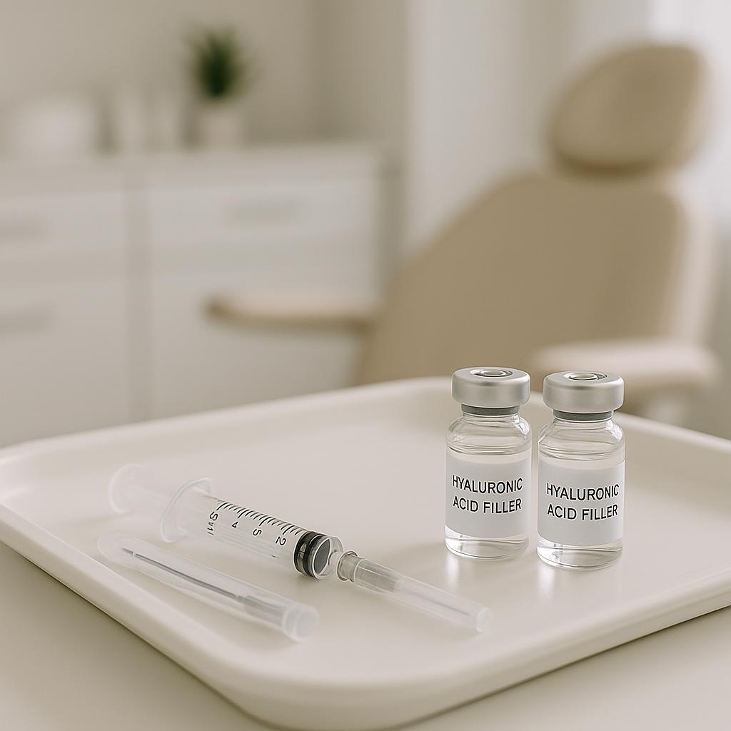 Close-up of lip filler tools and hyaluronic acid filler vials on a clean medical tray in a modern clinic setting.