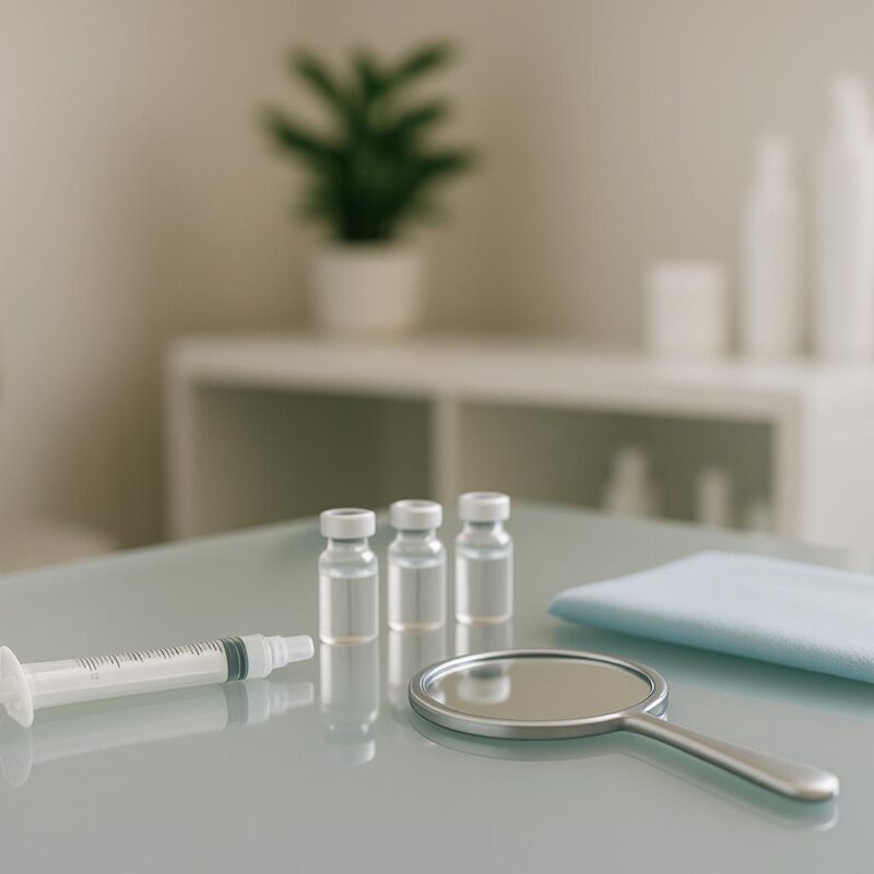 A professional, minimalistic consultation table set with medical syringes, vials, and a mirror in a softly lit, modern aesthetic clinic, representing neurotoxin injectable treatments.