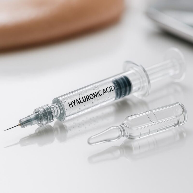 Close-up stock photo of a syringe filled with hyaluronic acid gel beside a glass ampoule on a clean white surface, representing medical skincare treatments.