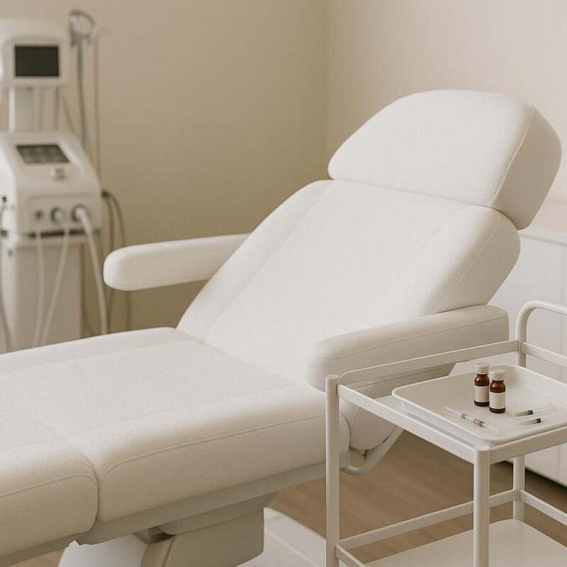 Modern, well-lit aesthetic treatment room with medical tools prepared for facial injectable procedures, emphasizing cleanliness and professionalism.