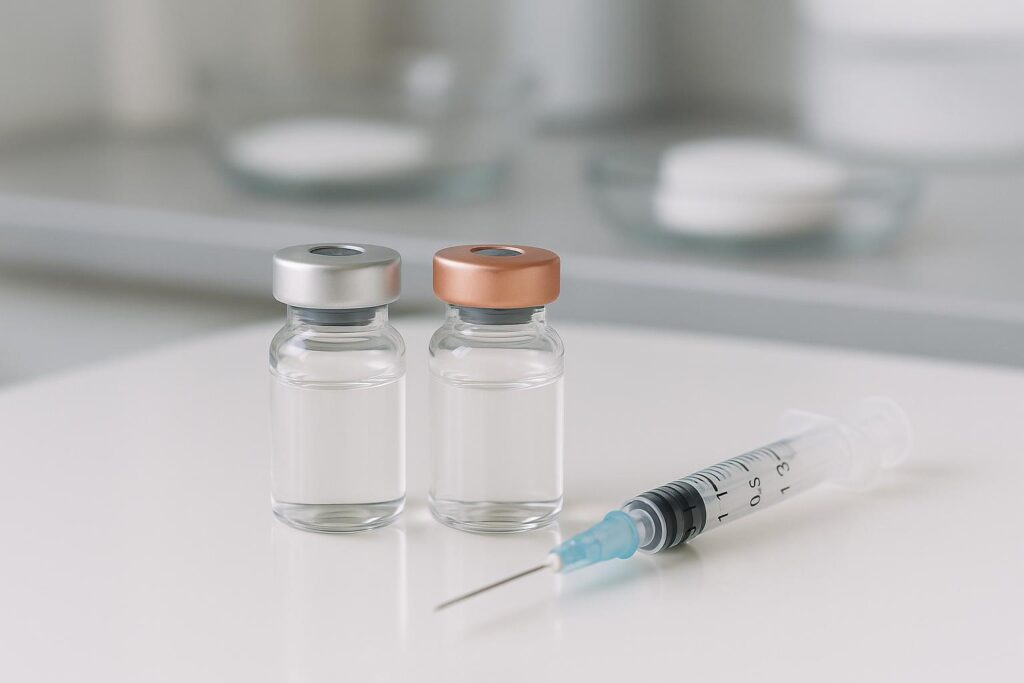 Sterile cosmetic injection vials and a syringe on a clean clinical surface, representing modern wrinkle relaxer treatments.