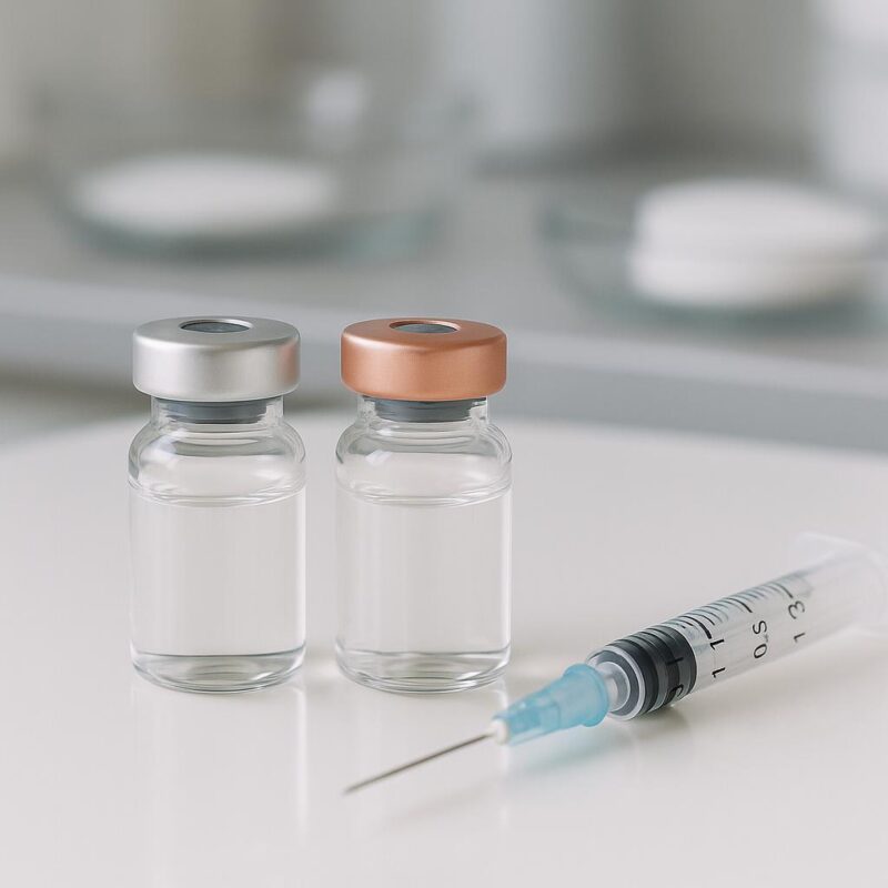 Sterile cosmetic injection vials and a syringe on a clean clinical surface, representing modern wrinkle relaxer treatments.