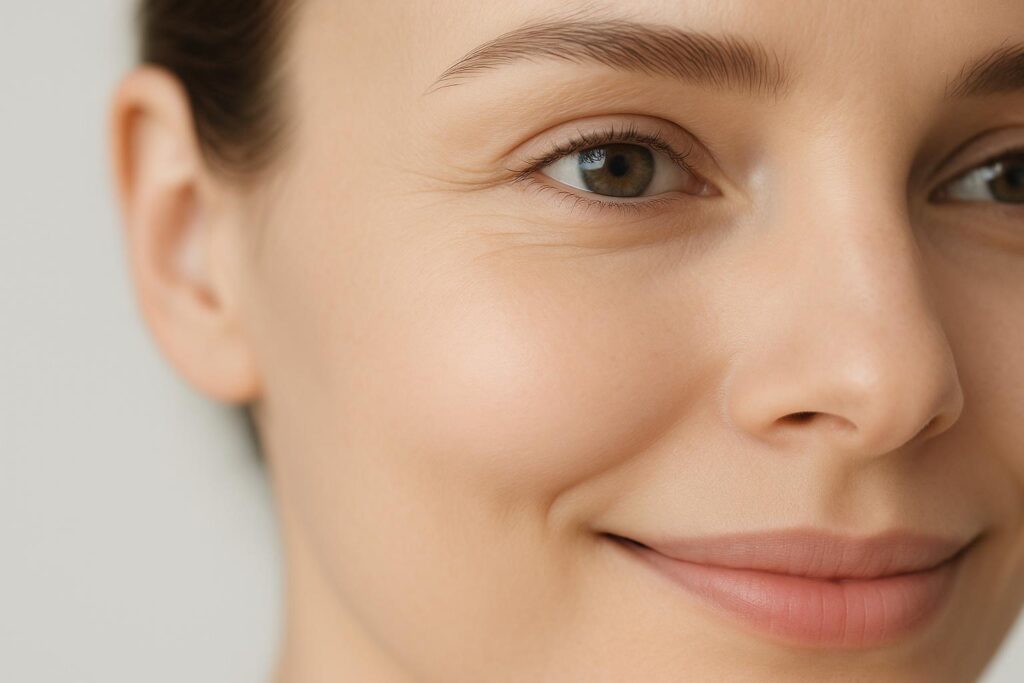 Close-up of smooth skin around the eye area, showing the reduction of crow's feet after a cosmetic treatment.