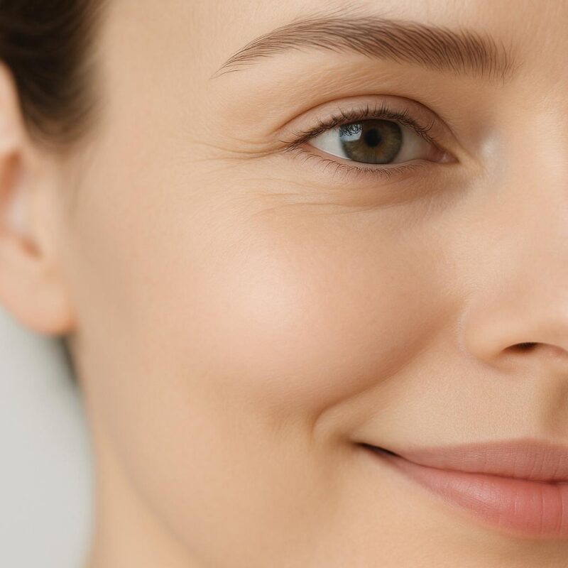Close-up of smooth skin around the eye area, showing the reduction of crow's feet after a cosmetic treatment.