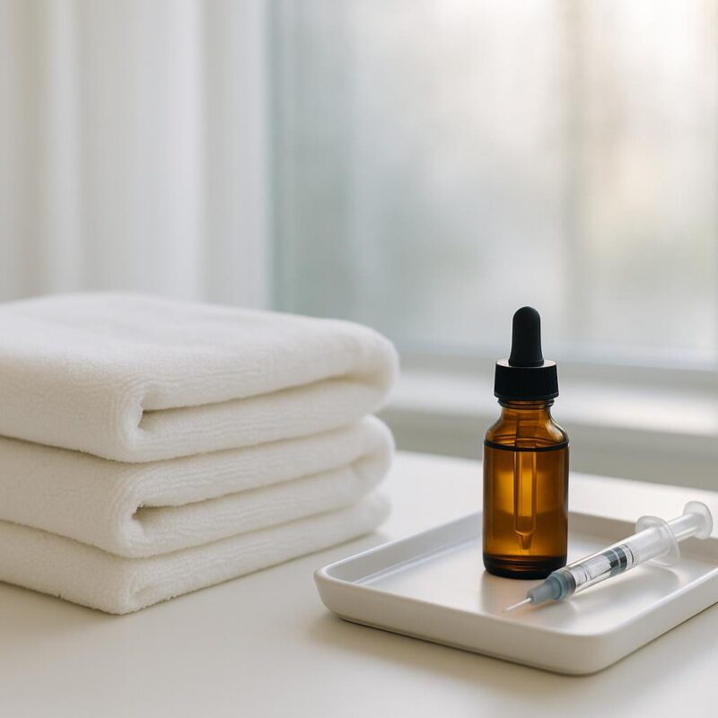 Stock photo of skincare and cosmetic treatment items in a serene, clinical spa setting, with skincare bottles, a cosmetic syringe, and soft towels under natural light.