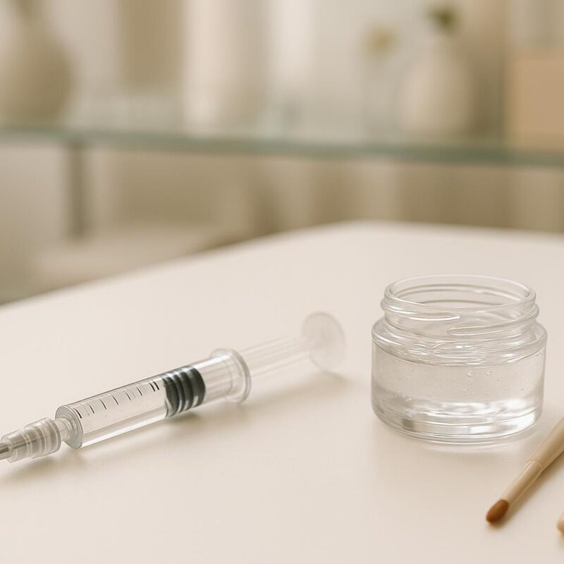 A stock photo showing a syringe, a small jar of clear gel, and cosmetic tools in a clean aesthetic clinic setting, illustrating natural lip filler treatments.