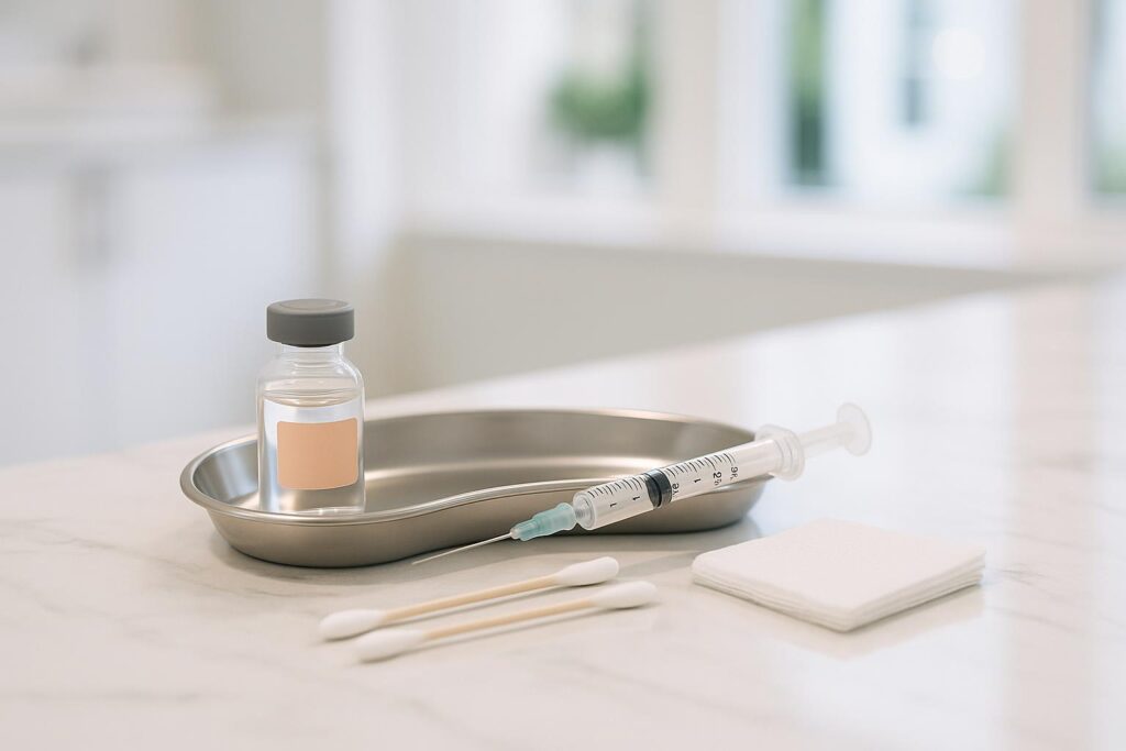 A close-up stock photo of a clean cosmetic injection setup with a vial, syringe, and medical supplies on a marble countertop in a modern aesthetic clinic, bathed in natural light.
