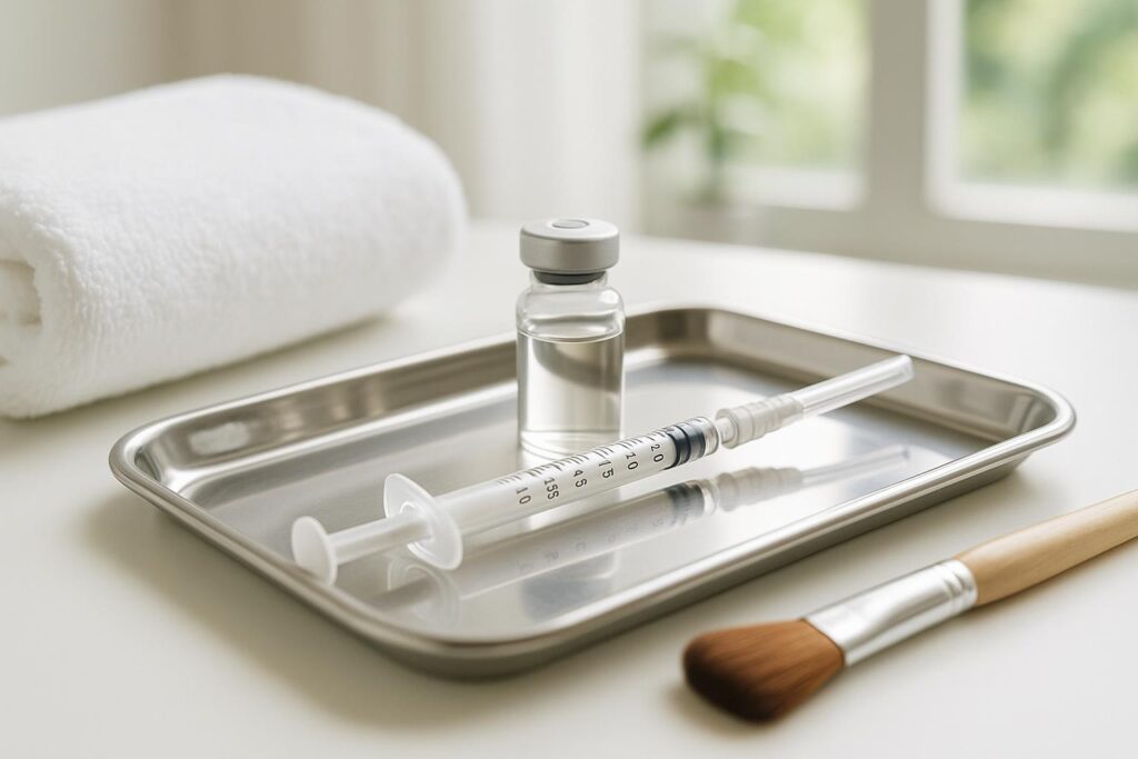 Stock photo of medical aesthetic injectables and spa-like tools arranged on a clean tray in a bright, professional setting, suggesting a modern wrinkle reduction treatment.