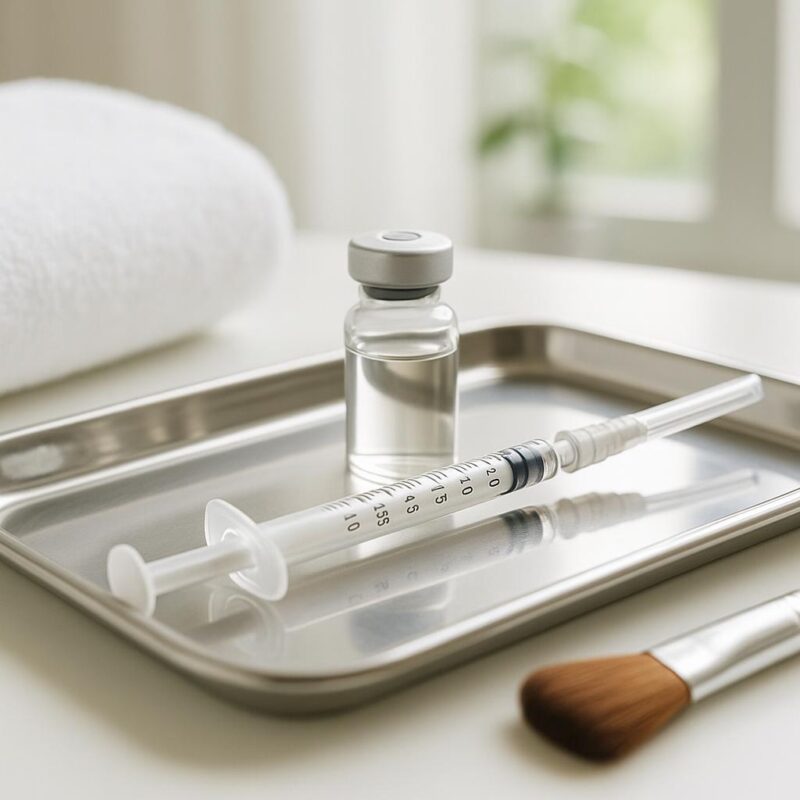 Stock photo of medical aesthetic injectables and spa-like tools arranged on a clean tray in a bright, professional setting, suggesting a modern wrinkle reduction treatment.