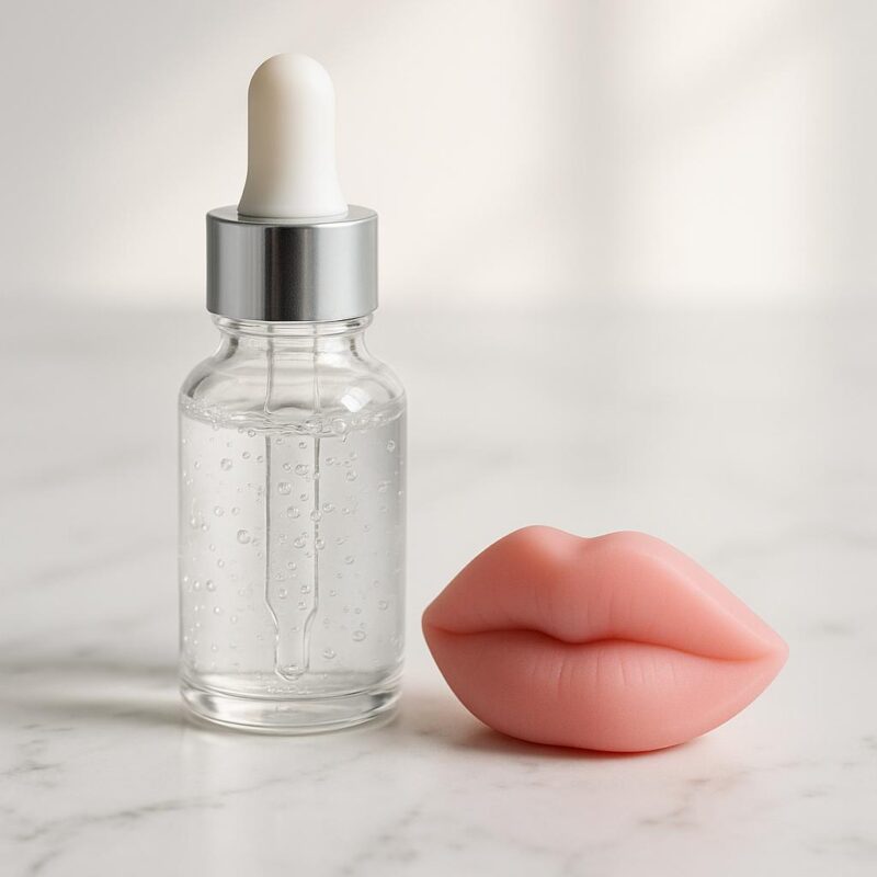 A glass dropper bottle with clear gel and a pink lip model on a marble surface, representing professional lip filler treatments.
