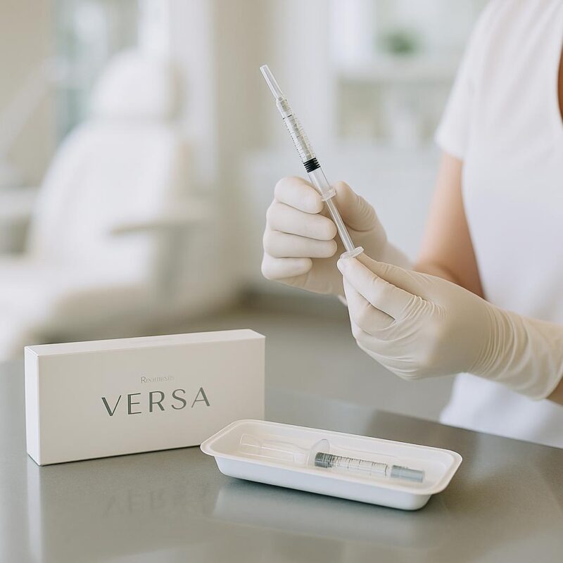 A close-up of gloved hands holding a syringe and a Versa lip filler package on a clean clinic counter, illustrating a professional cosmetic treatment environment.