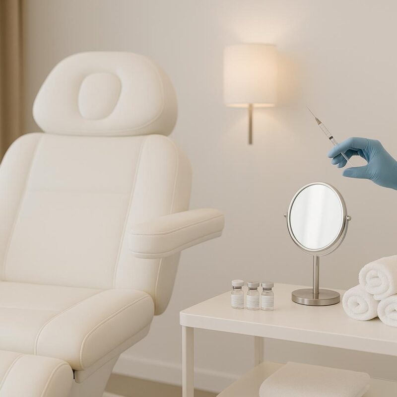 A modern, well-lit medical aesthetics treatment room featuring a treatment chair, injectables, and aesthetic equipment, ready for a non-surgical brow lift procedure.