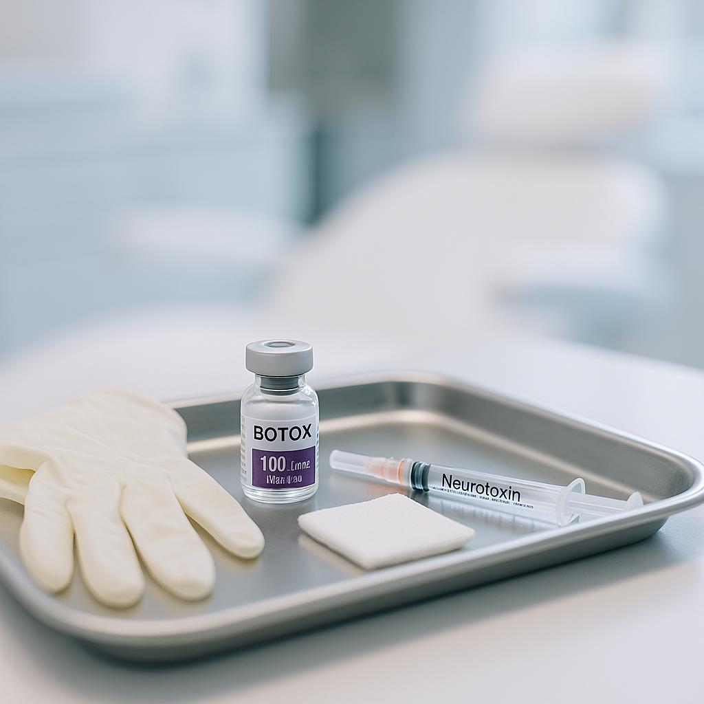 A clean, professional stock photo of a Botox vial and fine syringe on a tray in a modern medical aesthetics clinic, with gloves and gauze, no people shown.