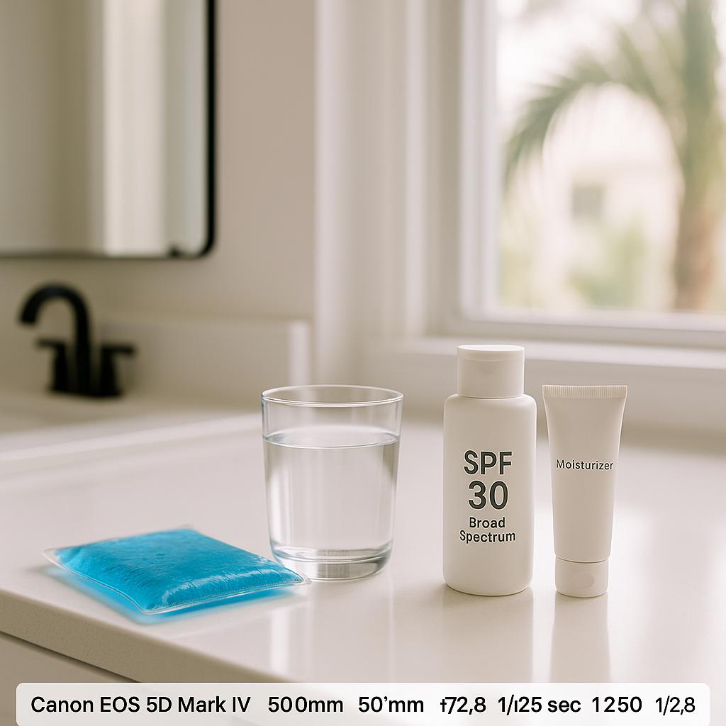 Botox Recovery Done Right: Essential Aftercare Tips for Tampa Patients 1 A stock photo showing aftercare essentials such as a cool pack, sunscreen, moisturizer, and water on a vanity in a Tampa home, representing proper Botox recovery.