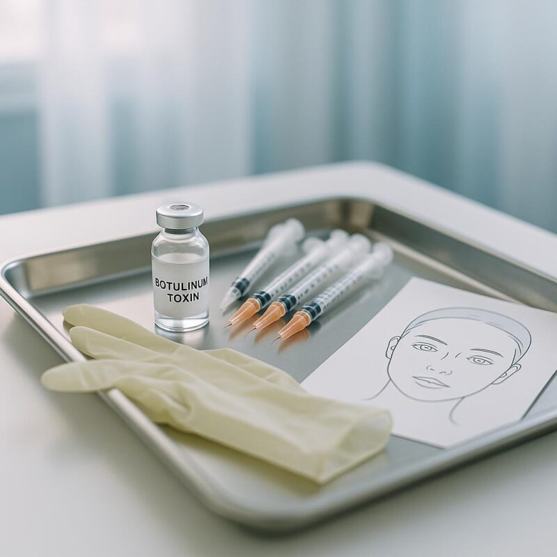 A professional medical tray with Botox vial, syringes, gloves, and a facial diagram in a clean clinical setting.