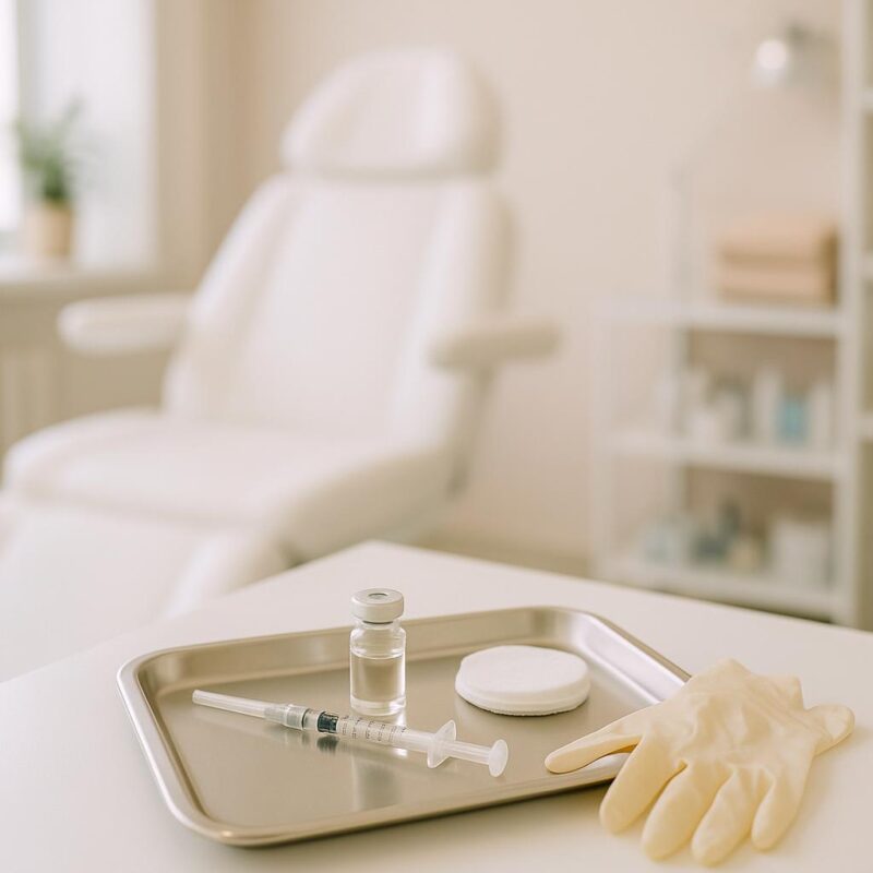 Sterile medical tray with syringe, vial, and gloves in a bright, modern aesthetic clinic setting.