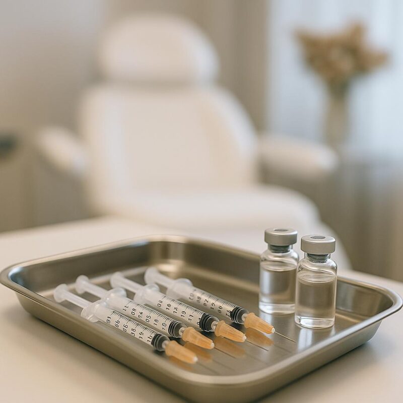 Close-up of syringes and neurotoxin vials on a tray in a clean medical aesthetics clinic, emphasizing professional and sterile treatment environment.