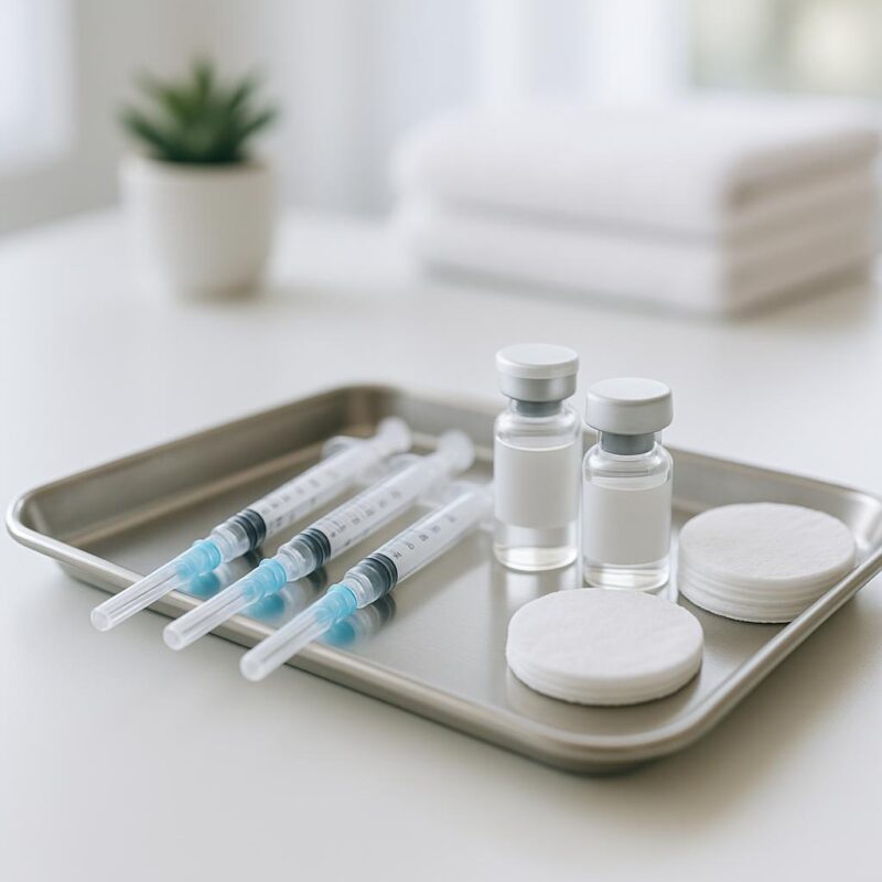 Stock photo of medical spa tools including syringes, vials, and cotton pads arranged on a tray in a clean, sunlit spa setting, representing professional neurotoxin treatment preparation.