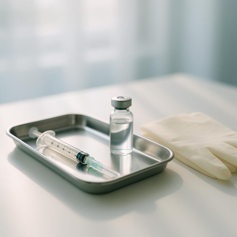 A stock photo of a syringe, glass vial, and latex gloves on a white tray in a bright, modern medical clinic environment, representing subtle and professional cosmetic treatments.