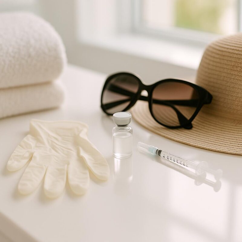 Stock photo of medical spa tools, sunscreen hat, and sunglasses on a clean white surface, representing Botox maintenance and sun protection in a professional aesthetic setting.