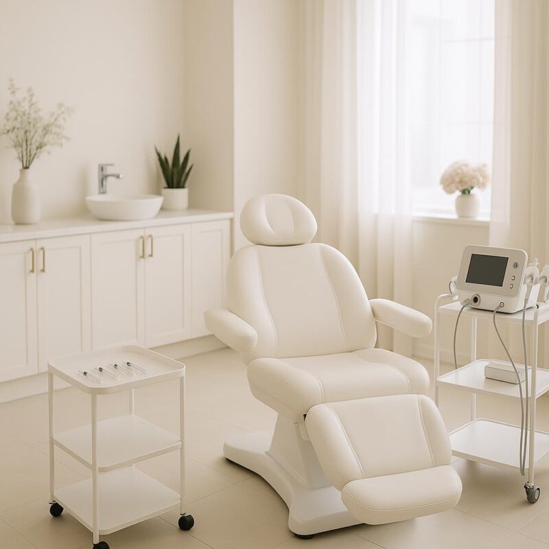 Professional photo of a modern, serene medical aesthetics clinic interior with a treatment chair, clean furnishings, and soft lighting, representing anti-aging treatments in South Tampa.