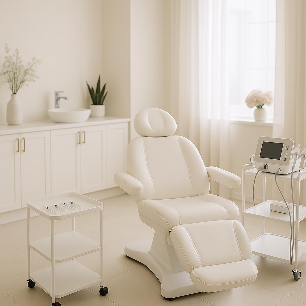 Professional photo of a modern, serene medical aesthetics clinic interior with a treatment chair, clean furnishings, and soft lighting, representing anti-aging treatments in South Tampa.