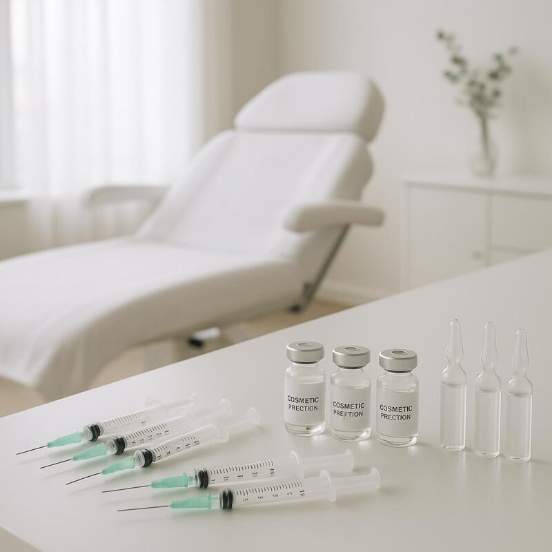 A bright, modern cosmetic treatment room with syringes and vials arranged on a clean counter, highlighting a professional and sterile environment for aesthetic injectables.