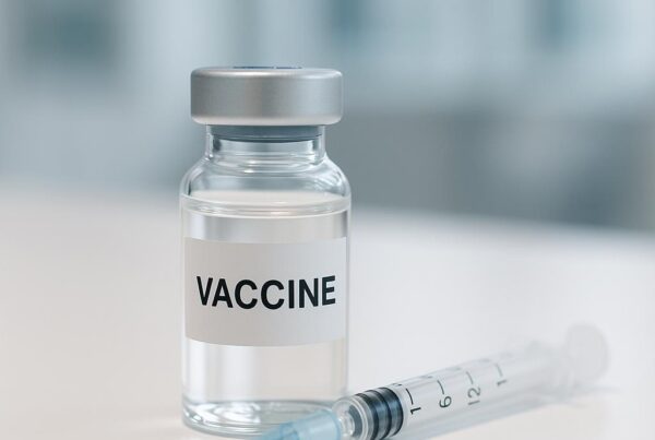 Close-up stock photo of a neurotoxin injection vial and syringe on a clean white surface in a clinical setting, representing cosmetic injectable treatments.