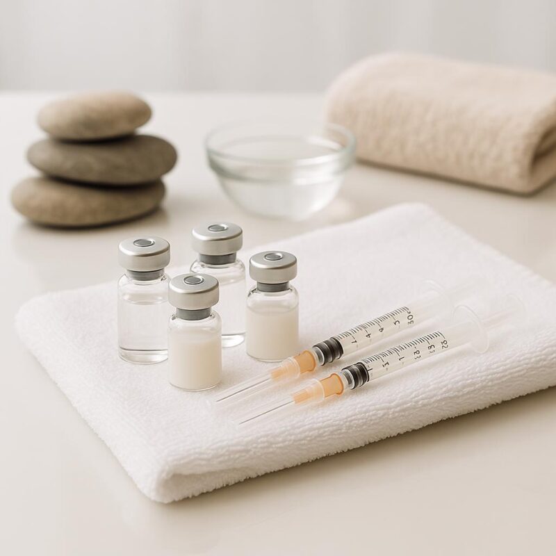 Stock photo of aesthetic medicine injectables and spa accessories on a white towel, representing modern skin rejuvenation treatments in a clinical spa setting.
