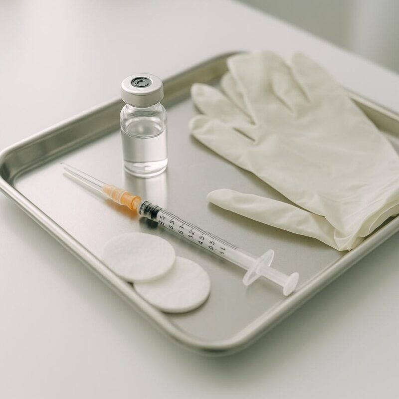 Sterile tray with syringe, vial, gloves, and cotton pads prepared for a cosmetic injectable treatment in a clinical setting.