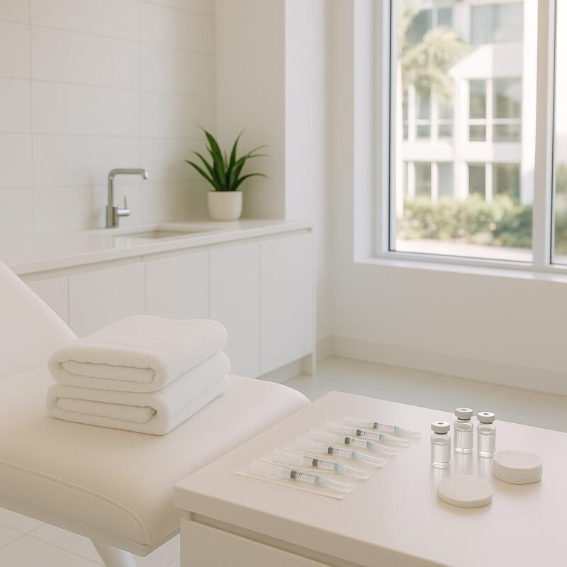 Clean, modern medical aesthetics clinic setup in Tampa with treatment supplies, evoking a professional and inviting environment for cosmetic injections.