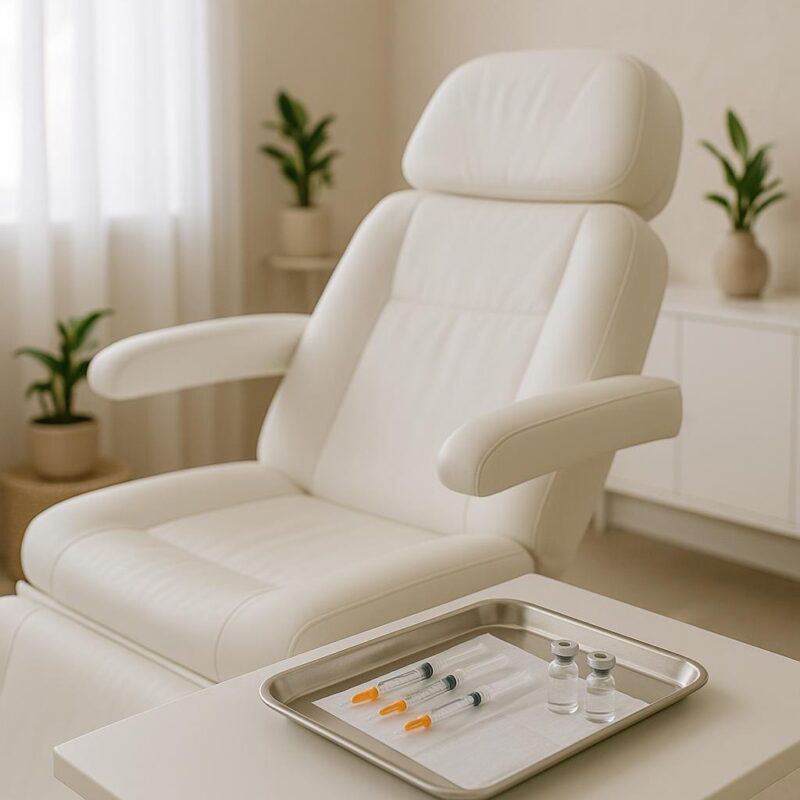 A serene, professional treatment room in a medical spa with a white recliner chair and tray of syringes, highlighting a safe and clean environment for aesthetic treatments.