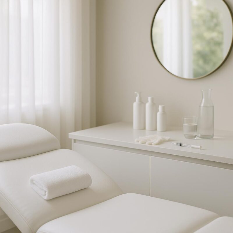 A modern, clean aesthetic clinic treatment room in Tampa showing a spotless treatment bed, neatly arranged medical supplies, and natural light for a professional, inviting atmosphere.