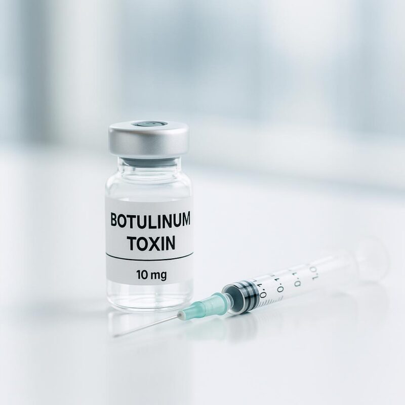 Close-up stock photo of a Botox vial and syringe on a clean white surface in a clinical environment, highlighting a professional, medical aesthetic.