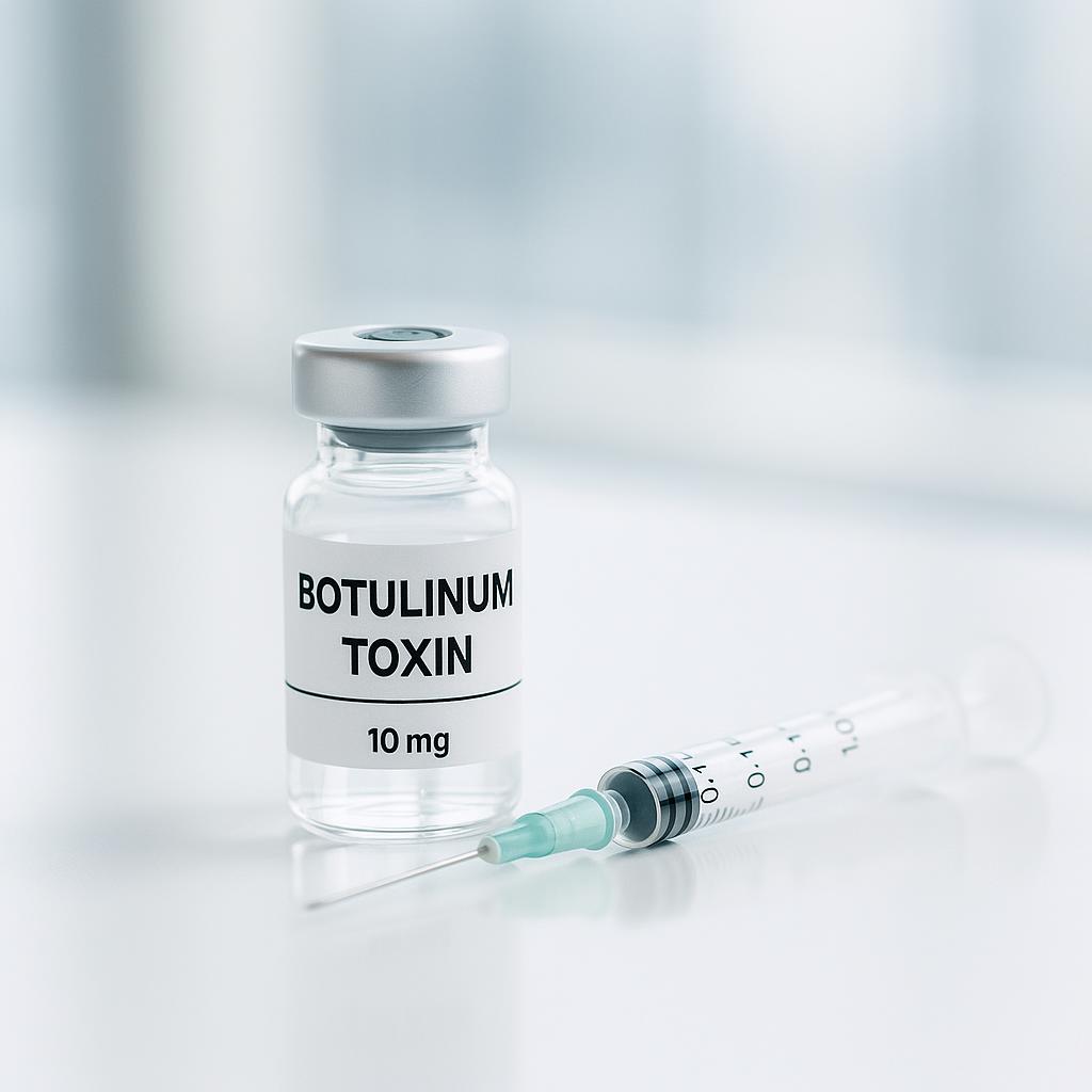 Close-up stock photo of a Botox vial and syringe on a clean white surface in a clinical environment, highlighting a professional, medical aesthetic.
