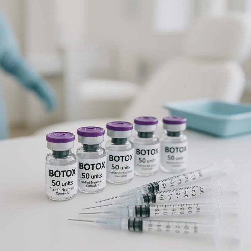 Close-up of Botox vials and syringes on a clean clinic countertop, representing professional neurotoxin treatments in a Tampa aesthetics clinic.