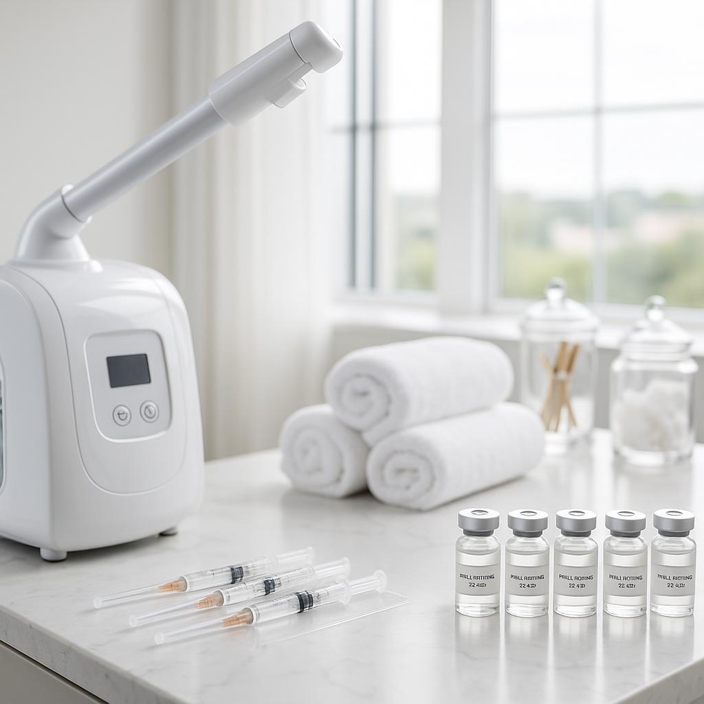 Modern, clean medical spa equipment and skincare products displayed in a bright, professional spa room in Tampa.