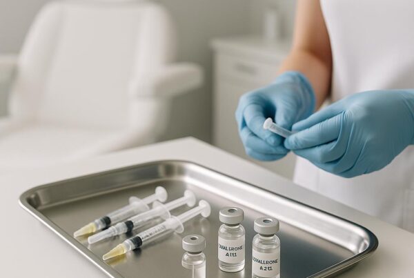 Sterile medical aesthetics clinic room with syringes and fillers prepared on a tray, highlighting a professional and clean environment without showing faces.