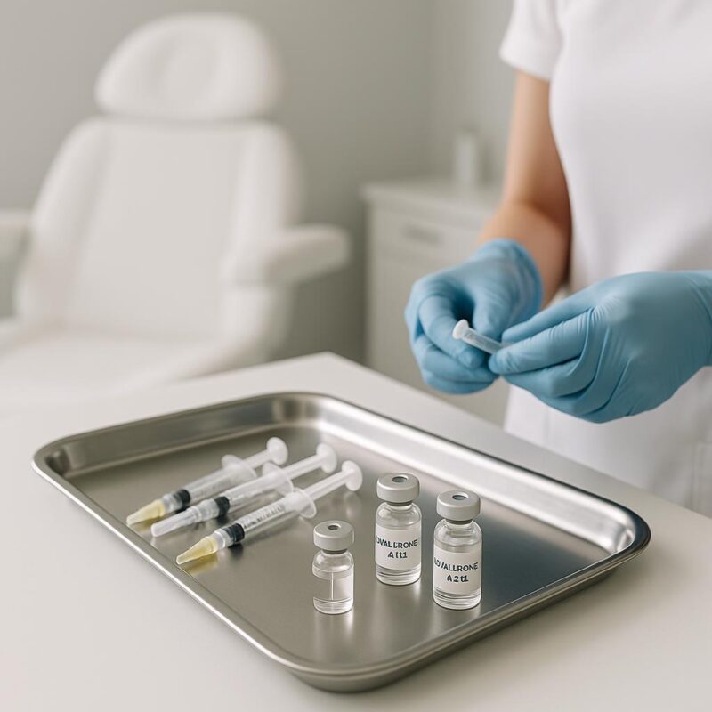 Sterile medical aesthetics clinic room with syringes and fillers prepared on a tray, highlighting a professional and clean environment without showing faces.