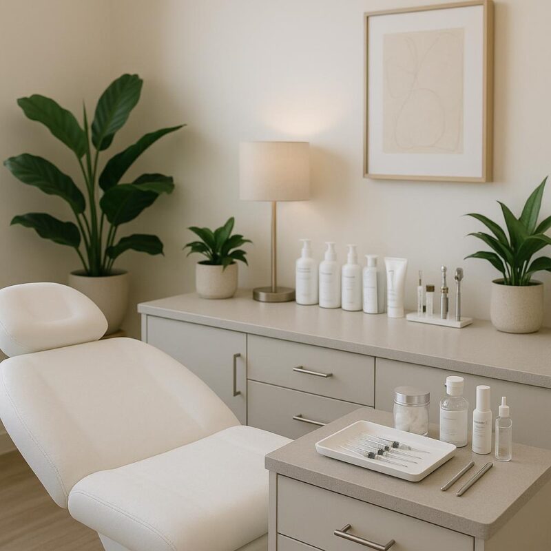 Modern, clean med spa treatment room in Tampa with aesthetic equipment and a welcoming atmosphere, emphasizing professionalism and safety.