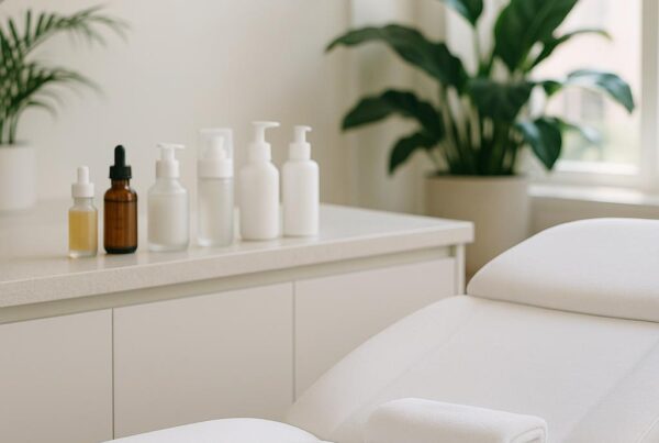 A modern, well-lit medical spa treatment room in Tampa showcasing a clean white treatment bed, luxury skincare products, and a calming, professional atmosphere without any people present.