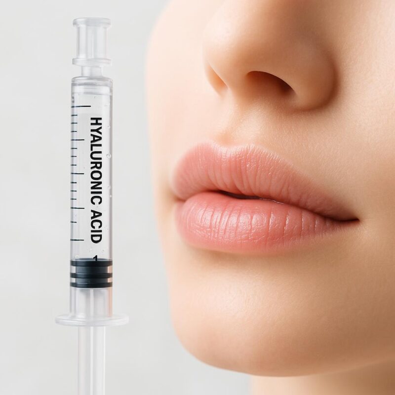 A close-up stock photo showing a syringe and hydrated, natural-looking lips, illustrating professional lip filler treatment without showing a person's face.