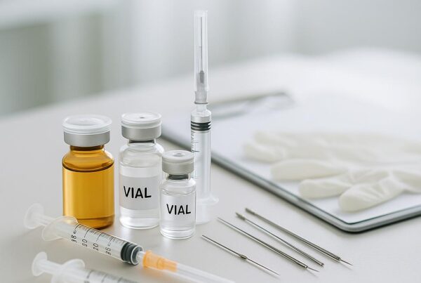 Assortment of cosmetic injectables and skincare tools on a clean surface in a bright clinical setting, suitable for a facial balancing or rejuvenation clinic.