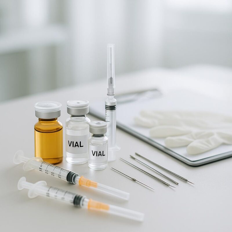 Assortment of cosmetic injectables and skincare tools on a clean surface in a bright clinical setting, suitable for a facial balancing or rejuvenation clinic.