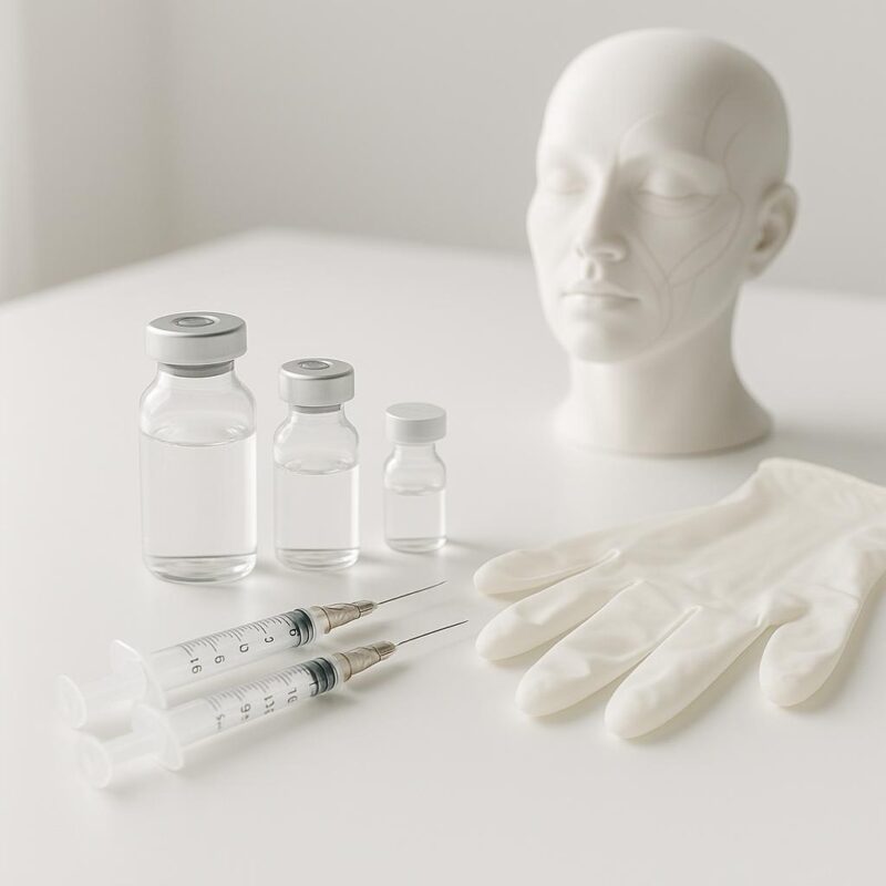 Stock photo of aesthetic clinic tools, including syringes, vials, gloves, and a facial anatomy model, arranged on a clean white surface in professional lighting.