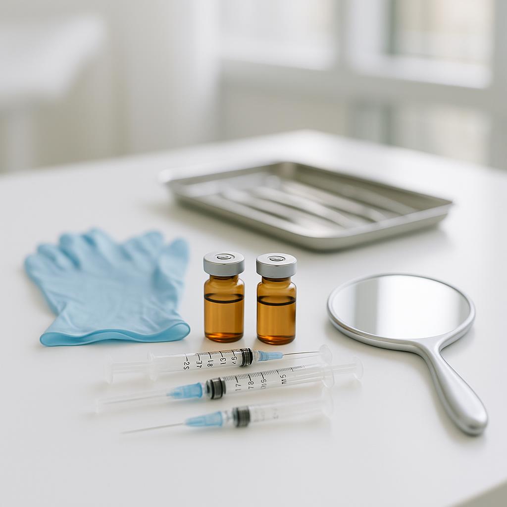 A professional clinic setup with aesthetic injectable tools and dermal filler vials on a clean white surface, representing facial balancing treatments.