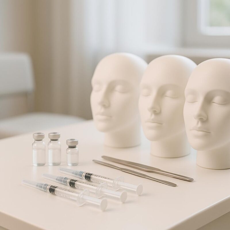 Stock photo of dermal filler syringes, neurotoxin vials, and face models on a clean countertop in a modern medical aesthetic treatment room.