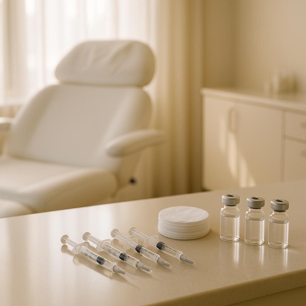 A serene, sunlit medical aesthetics room featuring organized syringes and vials on a countertop, reflecting a professional Botox treatment setting without people.