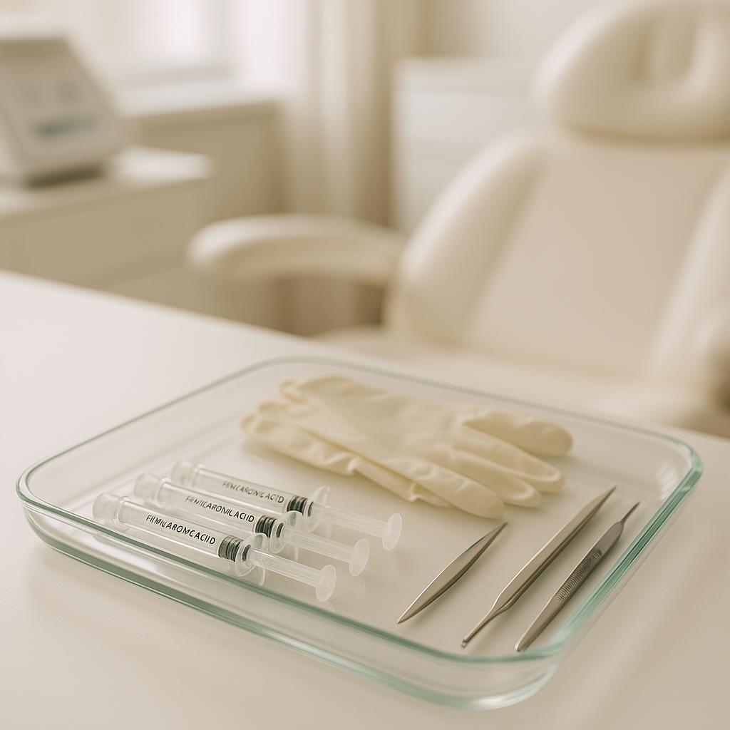 A professional stock photo showing hyaluronic acid syringes and treatment tools arranged on a clean tray in a modern aesthetic clinic workspace.